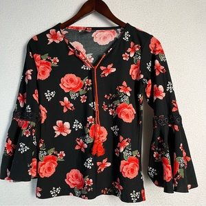 Vintage Y2K Cinema Black Floral Bell Sleeve Peasant Blouse Small Lightweight Top